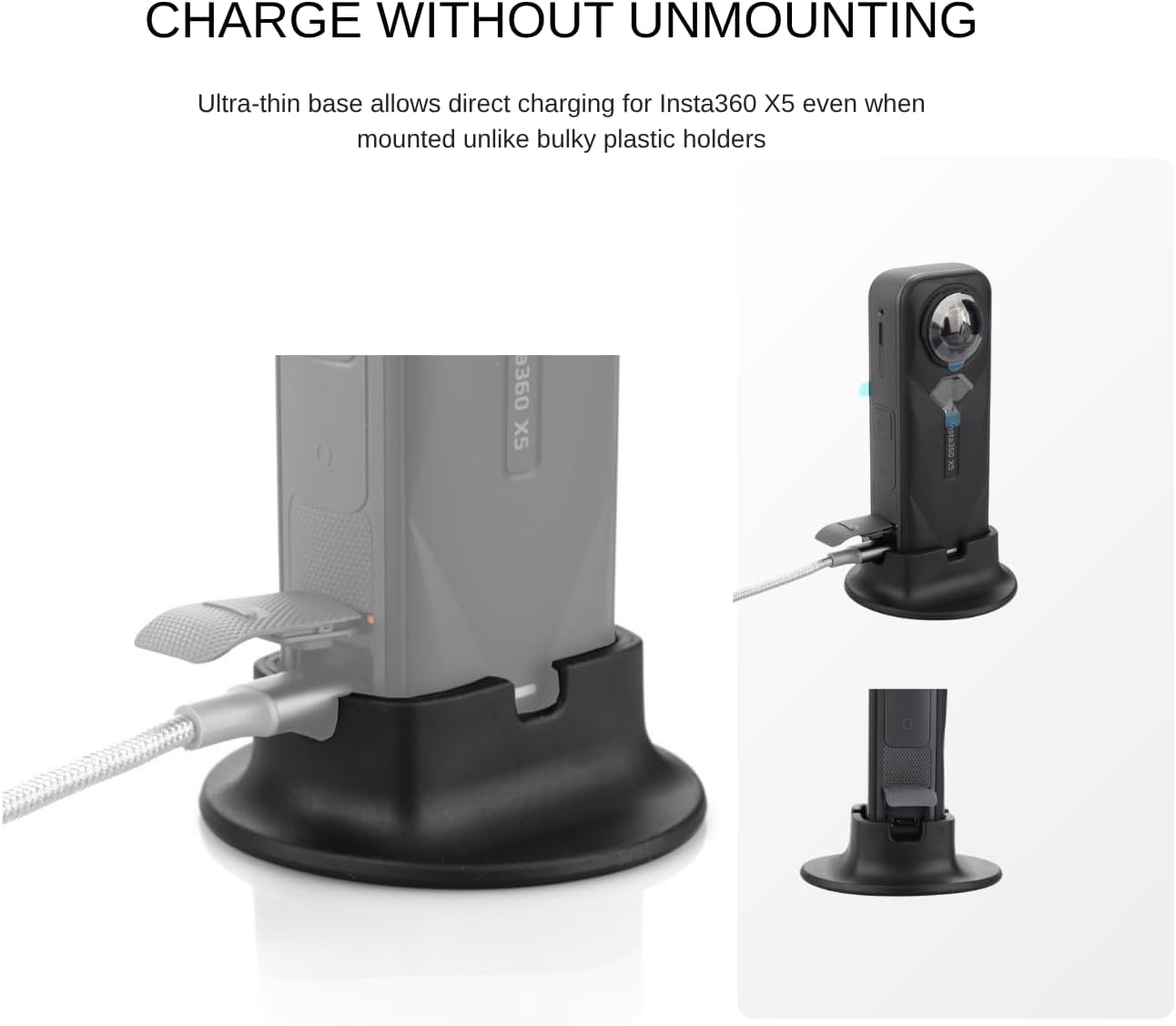 Fotoleey Silicone Desktop Mount & Lens Cap for Insta360 X5 - Desk/Dashboard Kit with Heavy-Duty Adhesive Pad, On-Base Charging Dustproof Set, Charge-Friendly