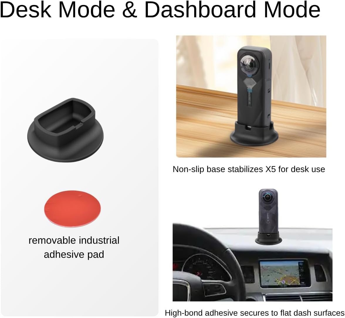 Fotoleey Silicone Desktop Mount & Lens Cap for Insta360 X5 - Desk/Dashboard Kit with Heavy-Duty Adhesive Pad, On-Base Charging Dustproof Set, Charge-Friendly
