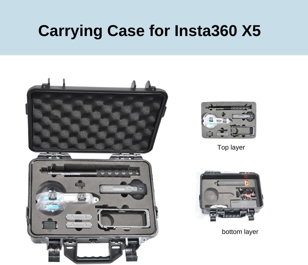 Waterproof Hard Case for Insta360 X5/X4 – Hard Protective Storage Box with Waterproof & Shockproof Design, EVA Interior for X5 Camera, Dive Housing, Batteries, Stick (27cm), Size 345x230x110mm