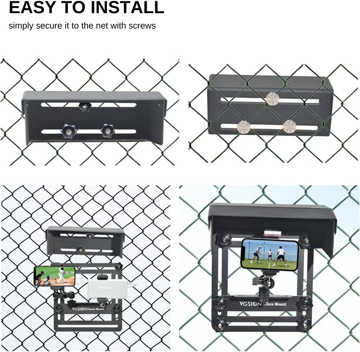 Fotoleey Phone Fence Mount with Shade for Tennis, Baseball Games, Camera Fence Holder with Shade, Support Recording While Charging, Adjustable, Easy Installation